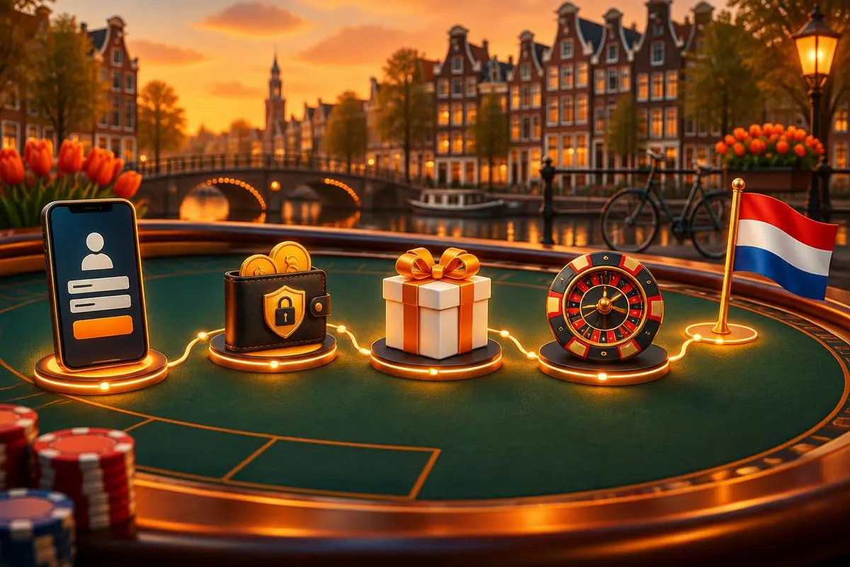 Cartoonillustratie van de stappen account, wallet, casinobonus en roulette om te beginnen bij een casino zonder Cruks