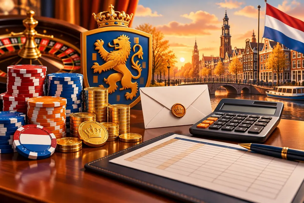 Euromunten, rekenmachine en belastingformulier voor winst bij een casino zonder Cruks met uitzicht op Den Haag