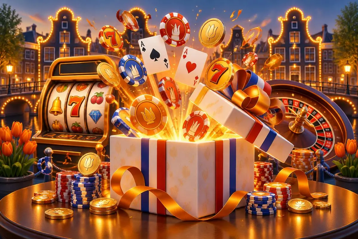 Illustratie van een bonuscadeau met muntstapels, een slotrol en een voorwaardendocument voor een casino zonder Cruks bonus en free spins