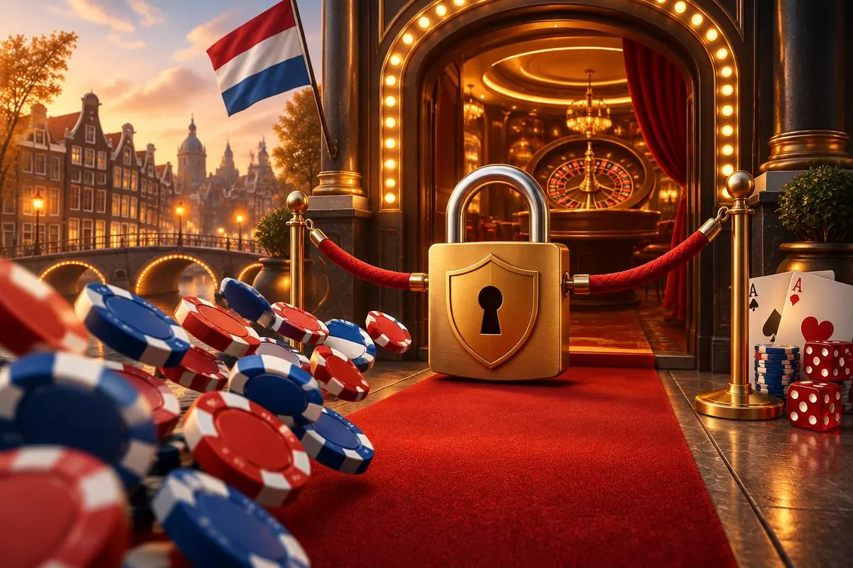 Cartoonillustratie van een afgesloten casino met Nederlands vlaglint en rood-wit-blauwe casinofiches