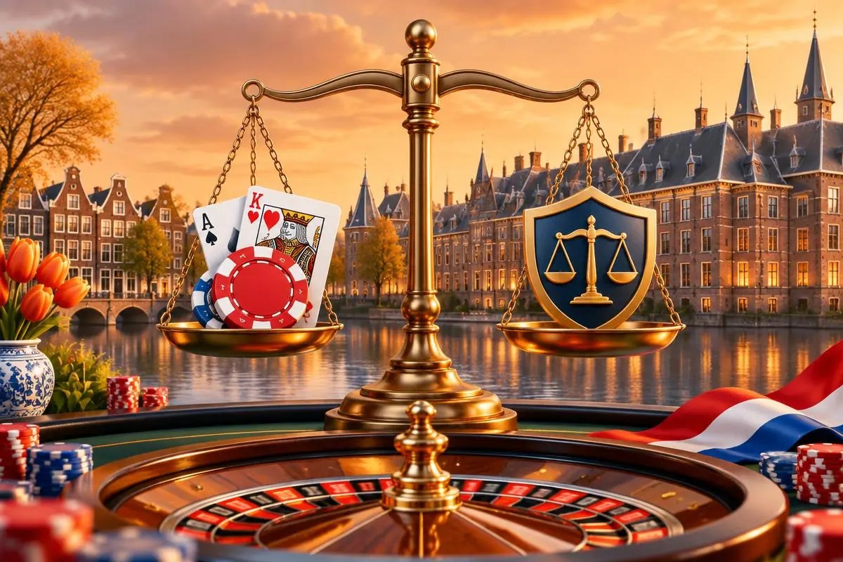 Cartoonillustratie van een weegschaal met speelkaarten, casinofiches en juridisch schild voor het Binnenhof