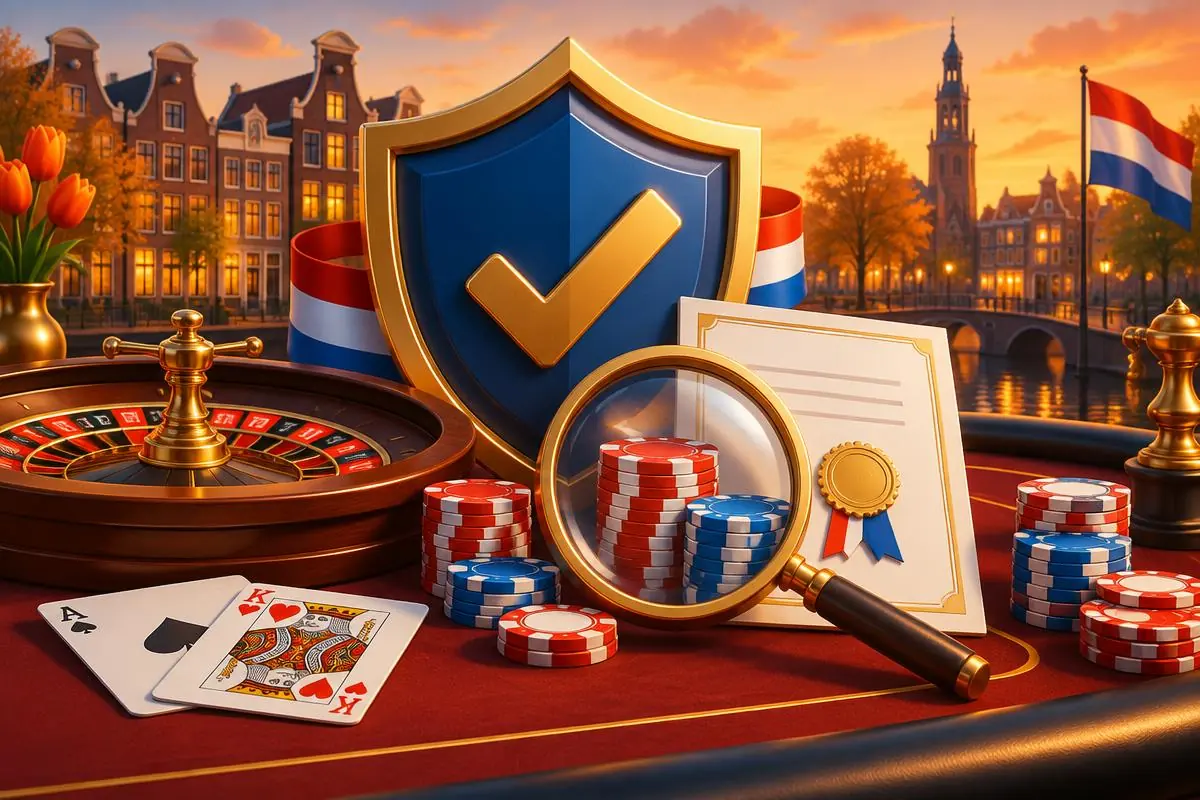 Illustratie van een keurmerkschild met licentiecertificaten en een vergrootglas om te controleren of een casino zonder Cruks betrouwbaar is