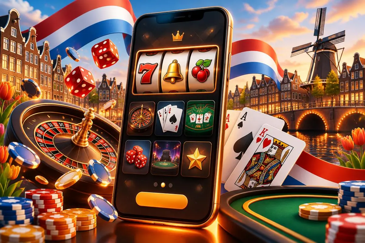 Mobiele telefoon met live casino en pokerspellen zonder Cruks in een lichte Nederlandse grachtenomgeving