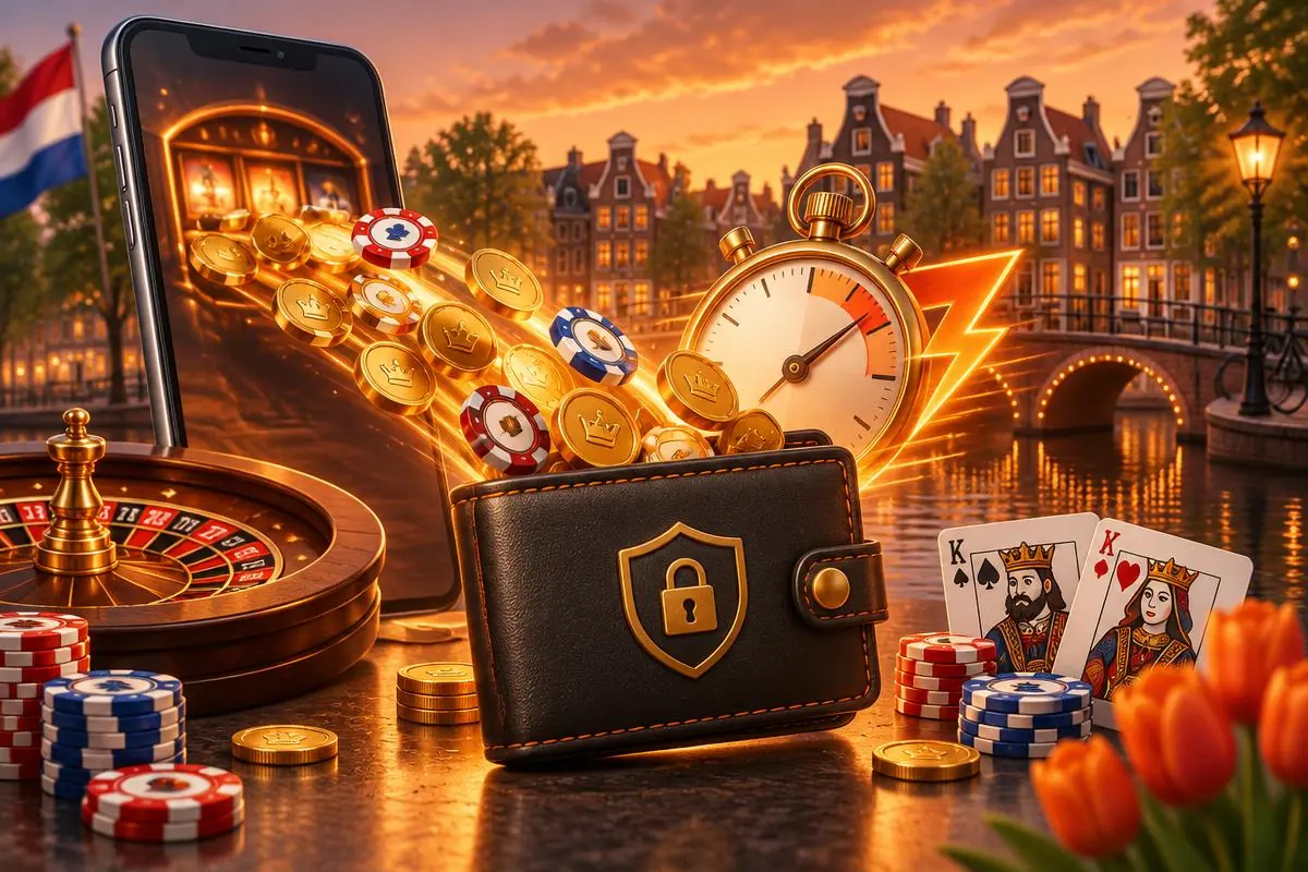 Cartoonillustratie van casinowinst die via een smartphone snel naar een beveiligde wallet stroomt bij een snel uitbetalend casino zonder Cruks