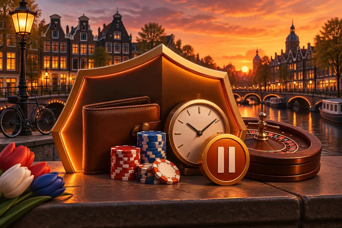 Cartoonillustratie van een beschermend schild, wallet, klok en pauzeknop voor verantwoord spelen bij een casino zonder Cruks