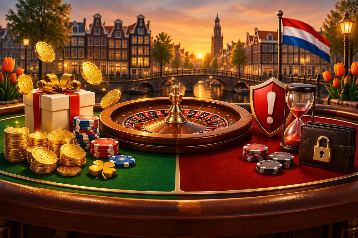 Cartoonillustratie van een roulettetafel verdeeld tussen bonusmunten en waarschuwingssymbolen aan een Nederlandse gracht