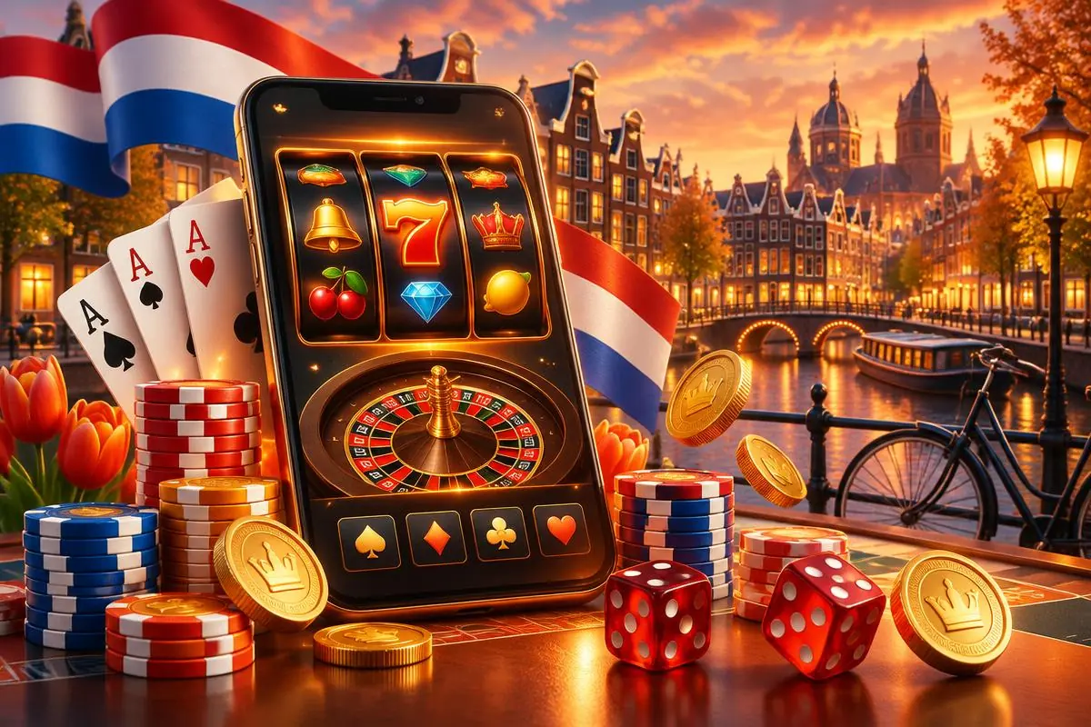 Smartphone met abstract casinospel voor een Nederlands grachtenraam als beeld van een online casino zonder Cruks